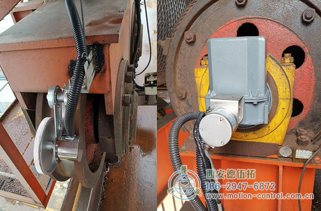 图为增量编码器安装在龙门吊大车行走轮轴的应用照片