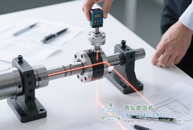 图为工作人员检测编码器安装同轴度的照片